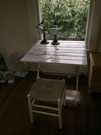 folding table, bench and a pair of great lamps