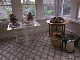 white drop leaf table, dolls and knitting needs for sale