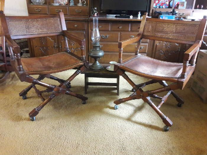 Chairs with leather seat and cane back with casters