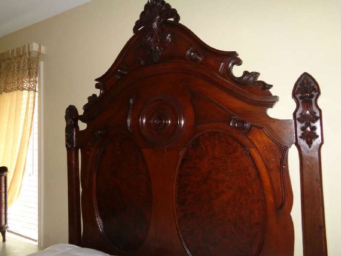 high walnut/mahogany bed converted to queen, nice mattress, 1800's attributed to New Orleans furniture maker