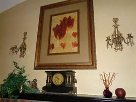 art & very nice French clock, pair of nice vintage sconces on wall