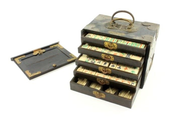 Lot 17: Mahjong Set in Wooden Brass Mounted Case