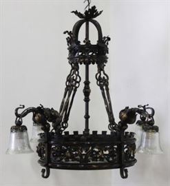 Lot 104: Gothic Style Wrought Iron 8-Light Chandelier