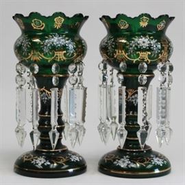 Lot 119: Pair Green Lustres with Handpainted Flowers