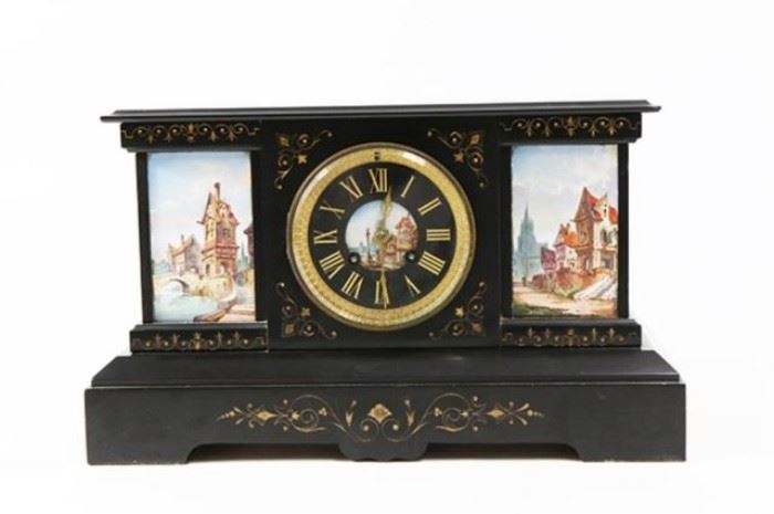 Lot 194: 19th Century Mantel Clock with Scenic Tiles