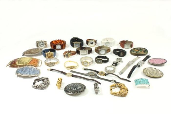 Lot 201: Group Lot Belt Buckles & Watches