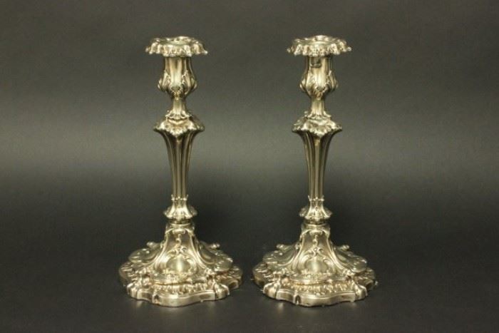 Lot 231: Pair Ornate Silverplate Candlesticks