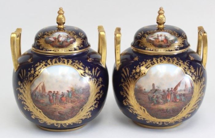 Lot 315: Pair Cobalt Porcelain Dresden Covered Urns