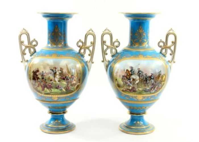 Lot 326: Pair Sèvres Urns with Battles Scenes