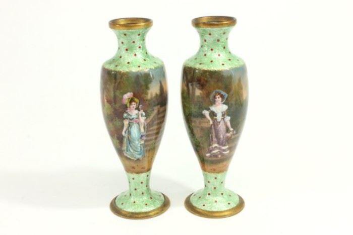 Lot 329: Pair Austrian Enamel Portrait Vases