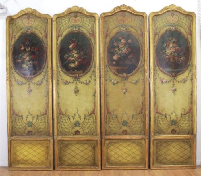 Lot 345: Louis XVI Style Gilt & Painted 4-Panel Screen