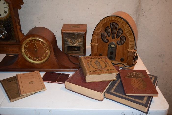 Vintage clocks & radios with books