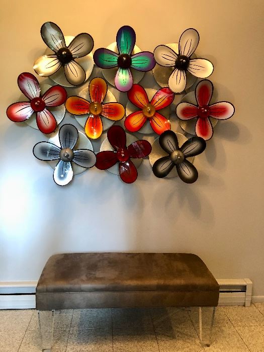 Lucite & metal floral wall sculpture & bench by Shlomi Haziza 