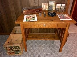 Anitque library table, vintage crates and more