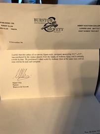 Anthony Quinn provenance. Dated November 8, 2006 and states; I certify that this cubist oil on canvas figural study, unsigned, measuring 10.5” x8.5” was purchased by the vendor directly from the family of Anthony Quinn and is certainly a work by him. He purchased three other works by Anthony Quinn at the same time, and all were similar in style and signed. (Signed by Mark Ellin: partner Barstow and Hewett.