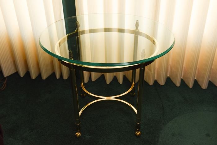Four Legged Brass Bass Side Table With Glass Top