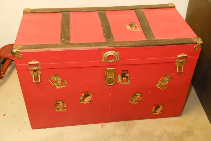 Vintage Wooden Red Trunk With Gold Trim And Latch