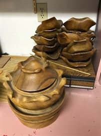 Twelve Wooden Bowls With Wooden Serving Bowl And Lid
