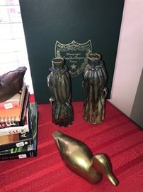 BRASS DUCK / POTTERY CANDLE HOLDERS