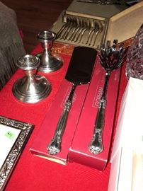 STERLING SILVER CANDLE HOLDERS AND SERVING FLATWARE WITH STERLING HANDLES 