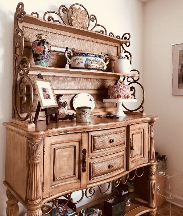 Solid blonde wood and wrought iron sideboard with little drawers and doors to tuck away linens and service