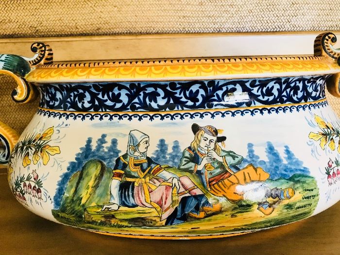 Henriot Quimper faience double jardiniere  - stunning hand painted beauty. 