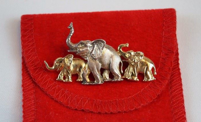 CARLYLE AND CO 14K AND STERLING 3 ELEPHANT PIN BROOCH Stamped PED Rare