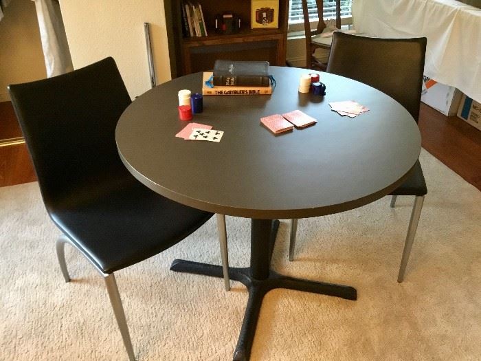 mid century iron and Formica table with 2 designer leather Italian chairs asking $195 – nice as new