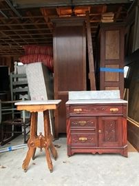 Antique Marble Topped Cabinet, Dresser, & Table.  Matching Armoire & Bedside Table.