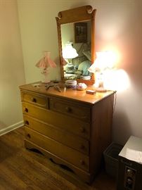 Light wood dresser with mirror, hand painted petite lamps, dresser set