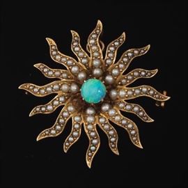 14k Gold Opal and Seed Pearl Brooch