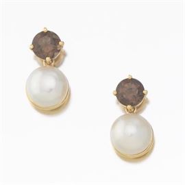 A Pair of Brown Topaz and Pearl Earrings 