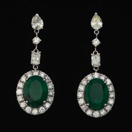 A Pair of Emerald and Diamond Pendant Earrings