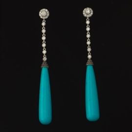 A Pair Turquoise and Diamond Penant Earrings 