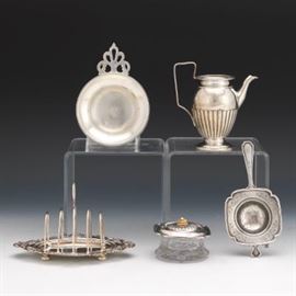 American and Continental Sterling Silver Breakfast Set, Toast Rack, Individual Teapot, Tea Strainer with Drip Bowl, and Porringer