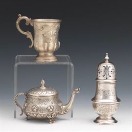 American Coin Silver Cup by Peter Krider, Philadelphia, Continental 800 Silver Individual Teapot and English 820 Silver Judaic Sugar Caster