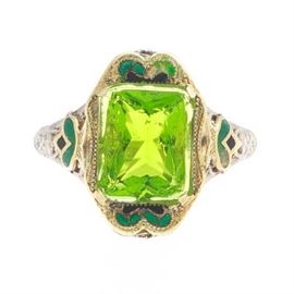 Art Deco Gold, Enamel and Green Glass Ring 