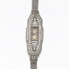 Art Deco Platinum and Diamond Watch With Swiss Pavillons Movement 