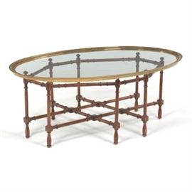 Baker Style Faux Bamboo, Glass  Brass Occasional Table, 20th Century