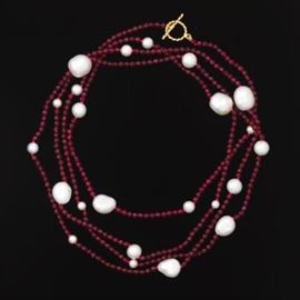 Baroque Pearl and Garnet Opera Necklace 