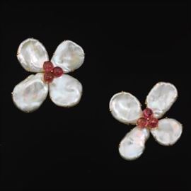 Baroque Pearl and Pink Tourmaline Flower Earrings 