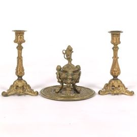 Baroque Style dOre Bronze Inkwell with Under Plate and Pair of dOre Candleholders