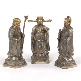 Chinese Gilt and Silvered Bronze Sculptures of Three Wise Immortals, Fu Lu, and Shou Happiness, Prosperity, and Longevity