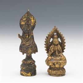 Chinese Gilt Bronze Buddha Shakiyamuni and Goddess Guanyin Traveling Altar Devotional Sculptures 