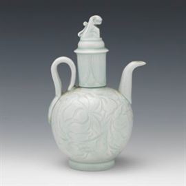 Chinese Porcelain Pale Celadon Glazed Carved Teapot with Cover