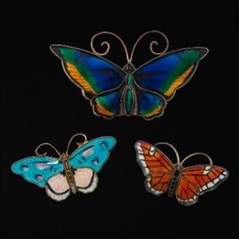 David Andersen, Norway Sterling Silver and Guilloche Enamel Three Butterfly Pin Brooches 