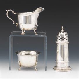 English Sterling Silver Creamer and Sugar Bowl and Muffineer, Birmingham and Sheffield 