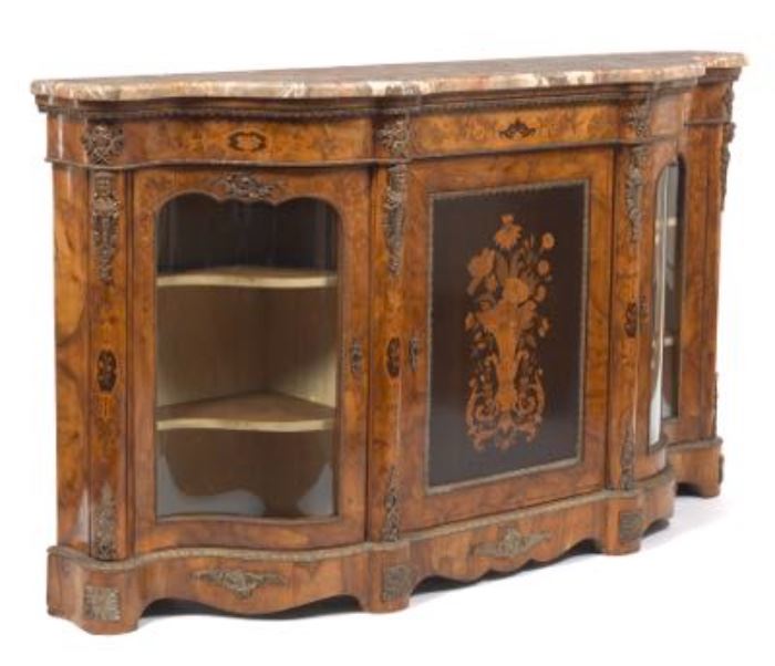 Fine Italian Marquetry Inlaid Credenza with Rouge Marble Top and DOre Bronze Mounts