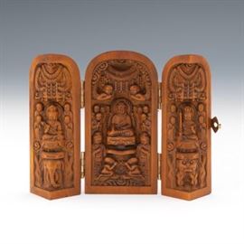 Finely Carved Huang Yang Wood Buddha Traveling Triptych Devotional Altar 