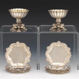 Frank M. Whiting Sterling Eight Individual Salvers and Pair of Austrian 812 Silver Gold Washed Pair of Salt Cellars, ca. 19th Century